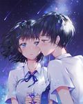  1girl bad_id bad_pixiv_id black_hair blue_eyes can dangmill drinking_straw earphones falling_star hair_ornament hairclip highres mole mole_under_eye original profile shared_earphones short_hair sky star star-shaped_pupils star_(sky) starry_sky symbol-shaped_pupils 