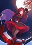  arm_up black_dress black_footwear black_legwear broken_moon cape crescent_rose dress from_above grey_flower holding holding_weapon leg_up lochris looking_away moon outstretched_arm pantyhose petals purple_eyes red_cape red_hair ruby_rose rwby scythe shiny shiny_clothes short_hair sky smile solo standing standing_on_one_leg weapon 