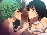  2girls black_hair blush breast_grab breasts censored cum facial fellatio fubuki_(one-punch_man) green_eyes green_hair highres ice_place large_breasts large_penis looking_at_another monster mosaic_censoring multiple_girls nude one-punch_man oral penis short_hair siblings sisters tatsumaki tentacle wavy_hair 