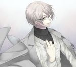  caligula_(game) cardigan collar_grab glasses hand_on_own_chest haruno14 hibiki_kensuke jacket_on_shoulders looking_at_viewer male_focus platinum_blonde_hair smile solo sweater 