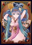  2016 adjusting_hair art_nouveau blue_eyes blue_hair circlet crescent_moon dated flower hair_flower hair_ornament hatsune_miku highres izumishibo lily_(flower) long_hair looking_at_viewer medallion moon solo twintails vocaloid 