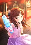  bare_shoulders blush bottle bow brown_eyes brown_hair comah commentary_request dress drink giving hair_bow half_updo holding holding_bottle idolmaster idolmaster_cinderella_girls long_hair looking_at_viewer open_mouth ramune solo tachibana_arisu 