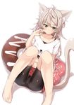  ahoge animal_ears animal_print barefoot bike_shorts blush cat_ears cat_girl cat_print cat_tail closed_mouth collarbone commentary crop_top doughnut eyebrows food green_eyes jiino jitome knees_up long_hair looking_at_viewer original pillow rikura_(jiino) shirt short_sleeves silver_hair sitting solo tail thick_eyebrows undershirt white_background white_shirt 