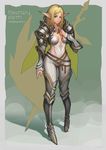  armor armored_boots ass_visible_through_thighs belt boots breasts chainmail elf fantasy_earth green_eyes grey_footwear high_heel_boots high_heels highres long_hair looking_at_viewer medium_breasts metal_boots mole mole_under_eye pauldrons pointy_ears ribbon skaijang skin_tight solo vambraces 