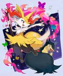  2016 abstract_background ambiguous_gender anthro braixen canine duo fangs feral fire fox holding_object inner_ear_fluff kt looking_back mammal neck_tuft nintendo open_mouth open_smile pok&eacute;mon red_eyes smile staff tuft typhlosion video_games 