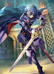  blue_hair cape copyright_name falchion_(fire_emblem) fingerless_gloves fire_emblem fire_emblem:_kakusei fire_emblem_cipher fuji_choko gloves holding holding_weapon jewelry long_hair lucina marth_(fire_emblem:_kakusei) mask official_art solo sword thighhighs tiara weapon 