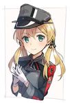  anchor_hair_ornament aqua_eyes bangs black_ribbon blonde_hair blush gloves hair_ornament hands_together hat highres iron_cross kantai_collection long_hair long_sleeves looking_at_viewer low_twintails max_melon military military_hat military_uniform own_hands_together peaked_cap prinz_eugen_(kantai_collection) ribbon simple_background smile solo twintails uniform white_gloves 