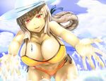  bikini braid breasts brown_hair chaldea_lifesavers cleavage cloud day fate/grand_order fate_(series) florence_nightingale_(fate/grand_order) hat highres large_breasts long_hair looking_at_viewer navel outdoors red_eyes sakuama side-tie_bikini sky smile solo sun_hat swimsuit thighs yellow_bikini 