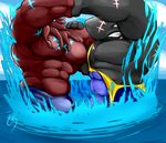  3_fingers abs angry anthro armpits biceps big_biceps big_bulge big_muscles blue_sky bulge calamari cephalopod clenched_teeth clothed clothing cloud colored cyan_markings cyan_scales detailed_background duo eye_contact fight giant_squid grappling grey_scales gs huge_bulge huge_muscles light male male/male manly marine markings muscular muscular_male navel no_iris obliques outside pecs purple_clothing red_scales samudra_aquarium scales scalie scar sea shaded sharp_teeth sky squid submarine_(plain_white) symbol teeth tentacle_hair tentacles topless water wrestler wrestling wrestling_singlet 