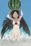  absurdres arms_up ball bangs beachball bikini black_hair black_wings bow bracelet closed_eyes cowboy_shot green_bow hair_bow happy highres jewelry long_hair navel open_mouth parted_bangs reiuji_utsuho shihou_(g-o-s) smile solo splashing swimsuit third_eye touhou wading watermelon_beachball white_bikini wings 