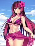  beeyan bikini breasts cloud cloudy_sky day fate/grand_order fate_(series) flower hair_flower hair_ornament hibiscus highres large_breasts long_hair navel outdoors purple_hair purple_sarong red_eyes sarong scathach_(fate)_(all) scathach_(swimsuit_assassin)_(fate) sky solo swimsuit 