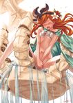  artist_name bare_arms bare_shoulders blush bottomless bow cape collarbone covering covering_crotch eimelle_(nikukyuu) floating floating_hair floating_object flower fountain granblue_fantasy graphos green_cape hair_flower hair_ornament hairband hibiscus long_hair navel nose_blush open_mouth own_hands_together red_hair sara_(granblue_fantasy) simple_background sitting solo spread_legs stomach strapless teardrop tubetop water wavy_hair white_background white_bow white_flower 