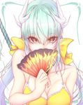  aqua_hair bare_shoulders behind_back bikini bikini_top blue_hair bow breasts cleavage collarbone covering_mouth eyebrows eyebrows_visible_through_hair fan fate/grand_order fate_(series) flame_print folding_fan gradient_hair green_hair hair_between_eyes hair_bow heart heart-shaped_pupils highres holding horns kiyohime_(fate/grand_order) kiyohime_(swimsuit_lancer)_(fate) long_hair looking_at_viewer medium_breasts multicolored_hair silver_hair simple_background solo swimsuit symbol-shaped_pupils tetsu_(excalibur920) upper_body white_background yellow_bikini yellow_bikini_top yellow_bow 
