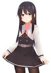  absurdres akky_(akimi1127) asashio_(kantai_collection) belt black_hair black_legwear blue_eyes highres kantai_collection long_hair long_sleeves looking_at_viewer pantyhose remodel_(kantai_collection) school_uniform shirt simple_background smile solo white_background white_shirt 