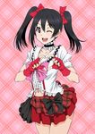  ;d black_hair bokura_wa_ima_no_naka_de bow choker commentary_request fingerless_gloves frills gloves hair_bow heart heart_hands looking_at_viewer love_live! love_live!_school_idol_project navel one_eye_closed open_mouth red_eyes red_gloves short_hair short_sleeves shunzou skirt smile solo twintails yazawa_nico 