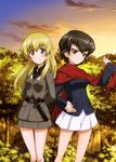  absurdres anzio_military_uniform arms_behind_back black_hair blonde_hair brown_eyes caesar_(girls_und_panzer) carpaccio eyebrows eyebrows_visible_through_hair forest friends girls_und_panzer green_eyes hand_on_hip highres long_hair looking_at_viewer military military_uniform multiple_girls nature official_art ooarai_military_uniform outdoors pleated_skirt red_scarf scarf short_hair skirt smile tree uniform white_skirt 