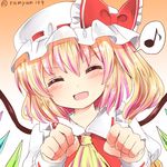  :d ^_^ ascot blonde_hair blush bow clenched_hands closed_eyes eighth_note facing_viewer fang flandre_scarlet gradient gradient_background gradient_hair hair_between_eyes hat hat_bow mob_cap multicolored_hair musical_note open_mouth orange_background paw_pose puffy_sleeves purple_hair ramudia_(lamyun) red_bow side_ponytail smile solo spoken_musical_note touhou twitter_username upper_body wings wrist_cuffs 