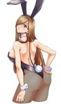  alternate_costume animal_ears ass back bare_shoulders blue_eyes blush breasts brown_hair bunny_ears bunny_tail bunnysuit commentary_request covered_nipples cowboy_shot cropped_legs detached_collar fake_animal_ears fishnet_pantyhose fishnets hair_over_one_eye hairband hand_on_own_ass large_breasts leotard long_hair looking_at_viewer pantyhose parted_lips shunzou sidelocks solo tail tales_of_(series) tales_of_the_abyss tear_grants very_long_hair white_background wrist_cuffs 