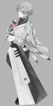  caligula_(game) floral_print flower full_body glasses haruno14 hibiki_kensuke highres huge_weapon jacket_on_shoulders looking_at_viewer male_focus monochrome school_uniform solo spot_color sweater sword weapon 