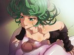  1girl areolae bare_shoulders black_dress blush breasts censored clothed_female_nude_male dress flat_chest green_eyes green_hair highres ice_place legs long_sleeves looking_up lying mosaic_censoring naughty_face nipples no_bra one-punch_man open_clothes penis short_hair simple_background smile solo_focus tatsumaki thighs tongue 