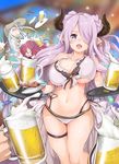  ahoge alcohol anna_(granblue_fantasy) bare_shoulders beer beer_mug bikini blood blue_eyes blue_hair blush bouncing_breasts breasts closed_eyes cup demon_horns draph dress earrings food front-tie_top granblue_fantasy hair_ornament hair_over_one_eye hands hat highres holding holding_cup horns ikayaki jewelry katoo_hironobu large_breasts lavender_hair long_hair looking_at_viewer lyria_(granblue_fantasy) multiple_girls narmaya_(granblue_fantasy) open_mouth out_of_frame pointy_ears pov pov_hands red_hair smile spilling swimsuit thigh_strap tray white_bikini 