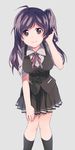  asaoka_(0x0) black_skirt blouse breasts brown_eyes hagikaze_(kantai_collection) kantai_collection large_breasts long_hair neck_ribbon one_side_up pleated_skirt purple_hair red_ribbon ribbon school_uniform skirt smile solo vest white_blouse 