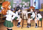  :d absurdres ahoge akiyama_yukari art_room black_eyes black_hair black_legwear brown_eyes brown_hair bust_(sculpture) canvas_(object) classroom closed_eyes collarbone crossed_legs easel eyebrows eyebrows_visible_through_hair girls_und_panzer green_skirt hairband hand_in_hair hand_on_hip highres indoors isuzu_hana itou_takeshi long_hair modeling multiple_girls navy_blue_legwear nishizumi_miho official_art ooarai_school_uniform open_mouth orange_hair pleated_skirt pose reizei_mako school_uniform serafuku shirt shoes short_hair sitting skirt smile socks takebe_saori thighhighs uwabaki white_hairband white_shirt zettai_ryouiki 