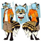  bell blue_hair canine cheetah clothed clothing collar digitigrade eevachu eyewear feline fox glasses hair heterochromia hybrid male mammal model_sheet multi_tail neko_ed 