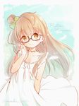  bangs bespectacled blush bow brown_eyes brown_hair character_name dress earrings glasses green_bow hair_bow hand_on_eyewear jewelry long_hair looking_at_viewer love_live! love_live!_school_idol_project minami_kotori necklace one_side_up polka_dot polka_dot_bow sakuramochi_n smile solo twitter_username white_dress 