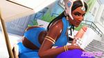  1boy 1girl 3d animated animated_gif ass black_eyes black_hair city hair_ornament handjob long_hair looking_at_viewer open_mouth overwatch penis summer swimsuit symmetra_(overwatch) tan_skin tanned zalsfm 