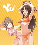  arms_up bikini bikini_skirt brown_eyes brown_hair diagonal_stripes green_eyes himekawa_yuki hori_yuuko idolmaster idolmaster_cinderella_girls long_hair multiple_girls one_eye_closed orange_bikini orimesoma plaid plaid_bikini ponytail salute side-tie_bikini standing striped striped_background swimsuit towel white_bikini 