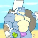  2015 4_fingers anthro anthrofied beach biceps big_biceps big_muscles blastoise blue_background blue_scales blue_theme bulge cannon clothed clothing cloud day detailed_background digital_drawing_(artwork) digital_media_(artwork) food front_view fruit gs holding_object huge_muscles looking_at_viewer male manly mega_blastoise mega_evolution melon multicolored_scales musclegut muscular muscular_male nintendo no_iris obliques outside pecs pinup pok&eacute;mon pok&eacute;morph portrait pose purple_clothing ranged_weapon sand scales scalie sea seaside signature simple_background smile solo speedo standing swimsuit tan_scales three-quarter_portrait topless two_tone_scales video_games water watermelon weapon 