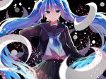  blue_eyes blue_hair hand_in_pocket hatsune_miku highres light_smile long_hair school_uniform serafuku skirt solo twintails very_long_hair vocaloid yuruno 