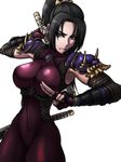  armpits bad_id bad_pixiv_id bhm black_hair bodysuit breasts brown_eyes covered_navel fingerless_gloves fishnets frown gloves kodachi large_breasts long_hair looking_at_viewer ninja ponytail purple_bodysuit ready_to_draw sheath sheathed short_sword shoulder_pads simple_background solo soulcalibur soulcalibur_iv sword taki_(soulcalibur) weapon white_background 