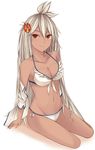  ahoge arm_support armpits bad_id bad_pixiv_id bare_shoulders bikini breasts cleavage closed_mouth collarbone commentary_request dark_skin feather_trim flower front-tie_top full_body granblue_fantasy groin hair_between_eyes hair_flower hair_ornament kanpyou_(hghgkenfany) long_hair looking_at_viewer medium_breasts navel off_shoulder open_clothes open_shirt red_eyes shirt side-tie_bikini silver_hair sitting smile solo stomach swimsuit very_long_hair white_background white_bikini yokozuwari zooey_(granblue_fantasy) 
