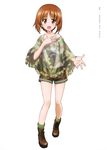 absurdres bra brown_hair camouflage camouflage_shorts collarbone copyright_name eyebrows eyebrows_visible_through_hair full_body girls_und_panzer green_legwear highres nishizumi_miho official_art open_mouth see-through short_hair shorts simple_background smile socks solo underwear white_background white_bra 