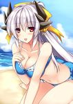  adapted_costume alternate_costume bare_arms bare_shoulders beach bikini blue_bikini breast_hold breasts cleavage collarbone commentary_request day fate/grand_order fate_(series) hair_between_eyes hand_on_own_chest horns kiyohime_(fate/grand_order) kiyohime_(swimsuit_lancer)_(fate) large_breasts long_hair looking_at_viewer navel open_mouth outdoors red_eyes ryokushiki_(midori-ya) sand silver_hair solo swimsuit water 