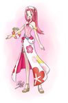  2016 absurdres alternate_costume alternate_hairstyle bare_shoulders blue_eyes chloe_ji comfey flower full_body gen_7_pokemon hat highres joy_(pokemon) long_hair looking_at_viewer nurse_cap open_mouth pink_hair pokemon pokemon_(creature) pokemon_(game) pokemon_sm ponytail sandals signature smile solo 