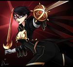  ass bayonetta bayonetta_(character) bayonetta_2 black-framed_eyewear black_hair bodysuit boots breasts cleavage dual_wielding fiora_laurent fusion glasses gloves holding league_of_legends lipstick makeup medium_breasts mole mole_under_mouth multicolored_hair rapier red_eyes red_hair ricci_escutin short_hair solo sword thigh_boots thighhighs weapon white_gloves 