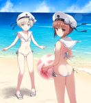  :d alternate_costume ass ball beach beachball bikini blue_eyes brown_eyes brown_hair butt_crack cloud day hat holding holding_ball hyuuga_takashi kantai_collection looking_at_viewer looking_back lowleg lowleg_bikini matching_outfit multiple_girls no_socks ocean open_mouth outdoors sailor_bikini sailor_collar sandals short_hair side-tie_bikini silver_hair smile standing swimsuit water white_bikini white_hat z1_leberecht_maass_(kantai_collection) z3_max_schultz_(kantai_collection) 