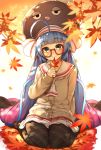  1girl ahoge autumn_leaves bangs beige_cardigan buttons cardigan closed_mouth commentary_request eel_hat eyebrows_visible_through_hair eyes_visible_through_hair glasses green_eyes hair_spread_out hand_up head_tilt highres holding holding_leaf huge_ahoge leaf light_blue_hair long_hair long_sleeves looking_at_viewer miniskirt no_shoes otomachi_una plaid plaid_legwear pleated_skirt raised_eyebrows rerrere sailor_collar school_uniform semi-rimless_eyewear sitting skirt smile soles solo under-rim_eyewear very_long_hair voiceroid wariza white_neckwear white_sailor_collar white_skirt 