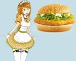  :o apron bad_id bad_twitter_id bangs bird breasts brown_hair buttons chicken chicken_(food) commentary dress eyelashes food frills gloves green_eyes hamburger lettuce long_hair magpie_(fellune) maid maid_apron maid_headdress mayonnaise mcdonald's medium_breasts open_mouth personification photo plaid sandwich sesame_seeds shiny shiny_hair short_dress short_sleeves solo thighhighs waitress white_gloves white_legwear 