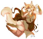  2016 5_fingers anthro black_lips blonde_hair breasts brown_hair canine clothed clothing eyelashes female fluffy fluffy_tail gradient_hair green_eyes hair mammal myloveless open_mouth simple_background smile solo white_background wide_hips 