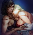  atutcha black_hair blonde_hair blue_background bra breasts brown_eyes closed_eyes dark_skin eye_of_horus facial_mark facial_tattoo gradient gradient_background hair_down hair_tubes hug interracial lace lace-trimmed_bra large_breasts lips long_sleeves looking_at_viewer mercy_(overwatch) multiple_girls nose off_shoulder overwatch parted_lips pharah_(overwatch) purple_bra realistic red_bra shirt side_braids strap_slip tattoo underwear undressing upper_body white_shirt yuri 