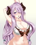  1girl armpits arms_behind_head arms_up bikini blush braid breasts cleavage collarbone cow_girl cow_horns cube_(circussion) curvy female gradient_background granblue_fantasy hair_ornament hair_over_one_eye hairclip hand_behind_head horns huge_breasts large_breasts lavender_hair long_hair looking_at_viewer narumeia_(granblue_fantasy) navel open_mouth pointy_ears purple_eyes simple_background smile solo standing swimsuit upper_body white_bikini white_swimsuit wide_hips 