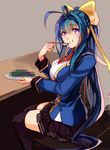  :t antenna_hair bad_food black_legwear blazblue blazblue_remix_heart blue_hair blush bow breasts censored censored_food eating fake_censor food food_on_face from_side genderswap genderswap_(mtf) hair_between_eyes hair_bow large_breasts long_hair looking_at_viewer mai_natsume mosaic_censoring plate ponytail ribbon school_uniform selenoring sidelocks sitting solo spoon table thighhighs very_long_hair yellow_bow 