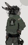  2016 anthro black_eyes black_hair clothed clothing donkey ears_back entoxia equine fur grey_fur hair hand_on_hip hi_res jacket long_ears looking_at_viewer looking_back male mammal pants portrait rear_view serious simple_background solo speech_bubble standing tail_tuft three-quarter_portrait tony_(entoxia) tuft 