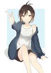  :d ahoge black_shorts blush brown_eyes brown_hair hood hoodie idolmaster idolmaster_(classic) kikuchi_makoto looking_at_viewer lpip off_shoulder open_clothes open_hoodie open_mouth pointing short_hair shorts sitting smile solo striped_tank_top tank_top 