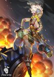  ass backlighting blonde_hair breasts cowboy_shot crazy embers explosive eyebrows eyeliner finger_on_trigger fingerless_gloves from_behind genderswap genderswap_(mtf) gloves green_shorts grenade grenade_launcher hand_on_hip harness highres holding holding_weapon junkrat_(overwatch) large_breasts leaning_forward looking_at_viewer looking_back looking_to_the_side makeup mechanical_arm orange_eyes overwatch patch peg_leg piercing pouch prosthesis scar short_hair short_shorts shorts sideboob smoke solo spiked_hair spikes standing tattoo tire tongue tongue_out tongue_piercing topless watermark weapon xiao_duzi 