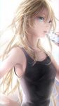  black_shirt blonde_hair bottle breasts hair_between_eyes hand_on_hip highres holding long_hair nemumi_no_sora new_game! open_mouth shirt signature sleeveless small_breasts solo tank_top upper_body very_long_hair water_bottle yagami_kou 